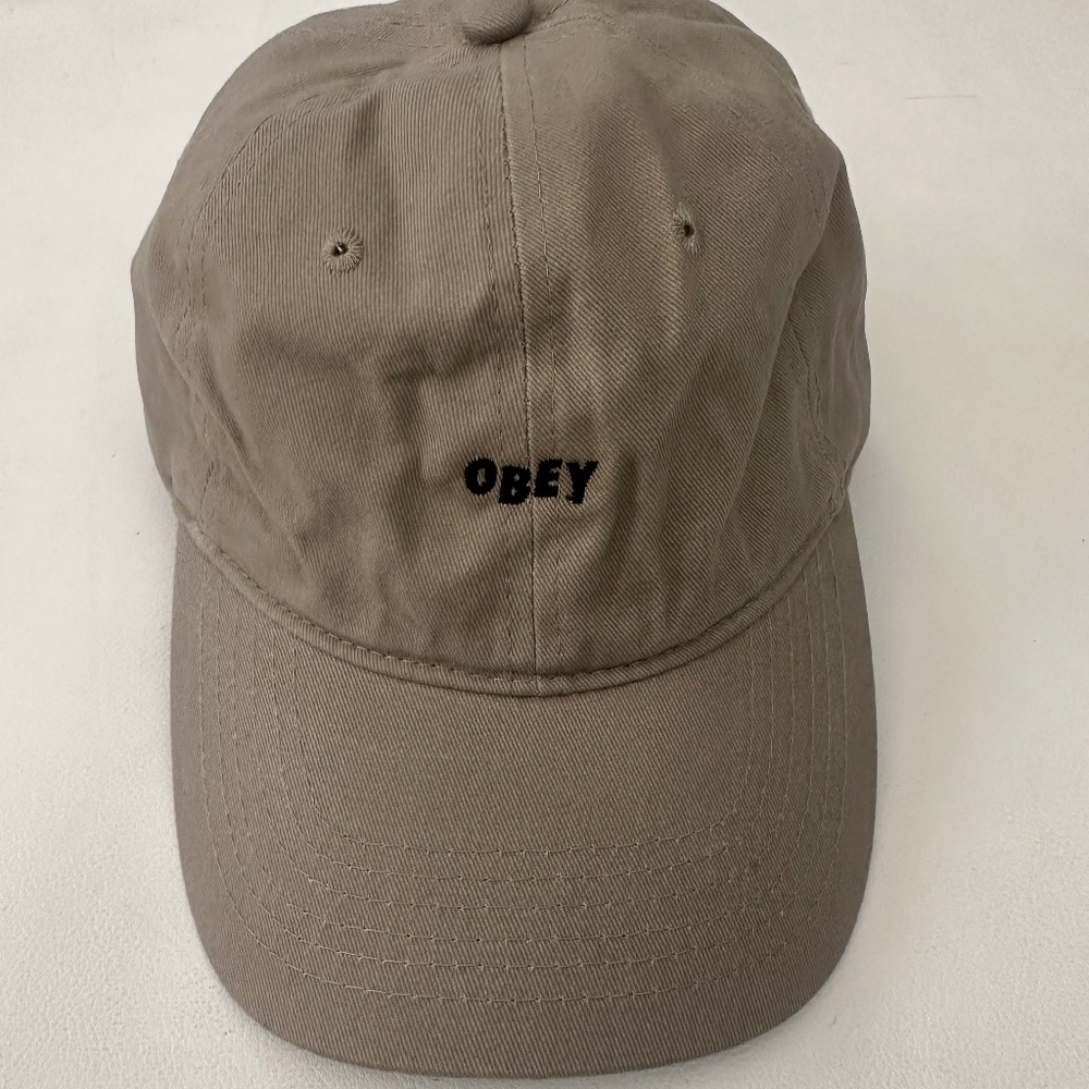 New OBEY Logo Beige Embroidered Adjustable Baseball Hat Cap One Size - Picture 1 of 7